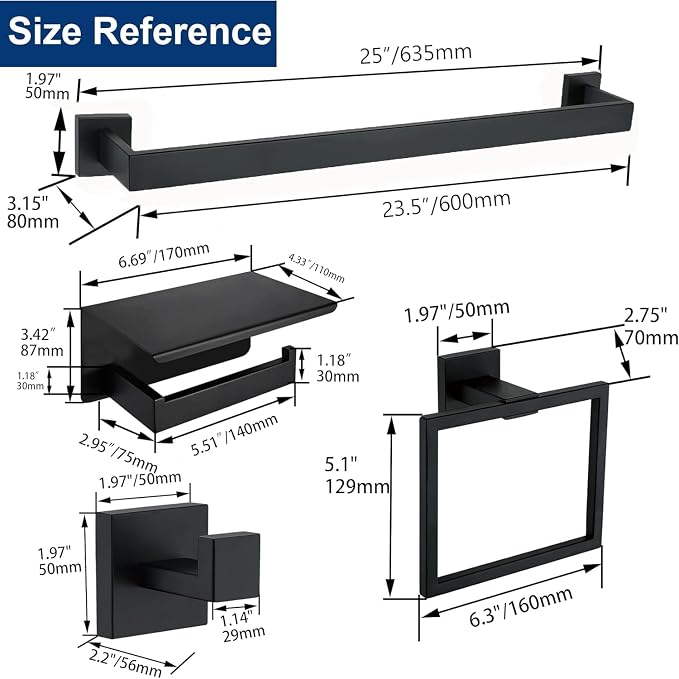 5 Pieces Bathroom Hardware Accessories Set Matte Black, 24Inch Square Towel Racks Set for Bathroom, SUS304 Stainless Steel Towel Bar Set, Toilet Paper Holder with Shelf Wall Mounted
