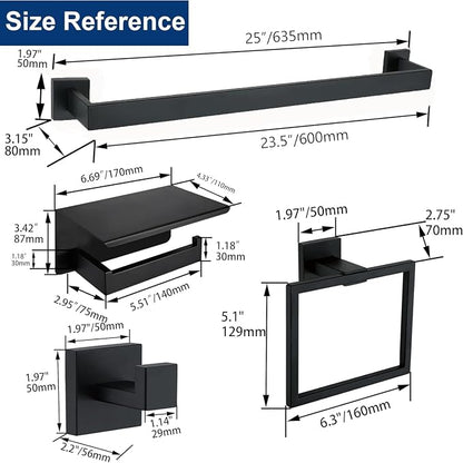 5 Pieces Bathroom Hardware Accessories Set Matte Black, 24Inch Square Towel Racks Set for Bathroom, SUS304 Stainless Steel Towel Bar Set, Toilet Paper Holder with Shelf Wall Mounted