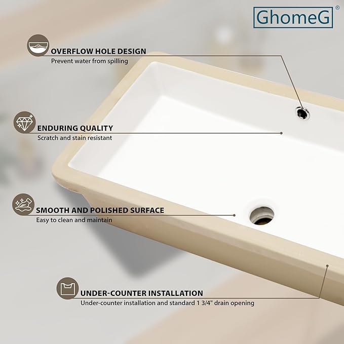 Undermount Bathroom Sink Rectangle 28x14 Inch White Rectangular Porcelain Ceramic Vessel Sink with Overflow Under Counter Lavatory Vanity