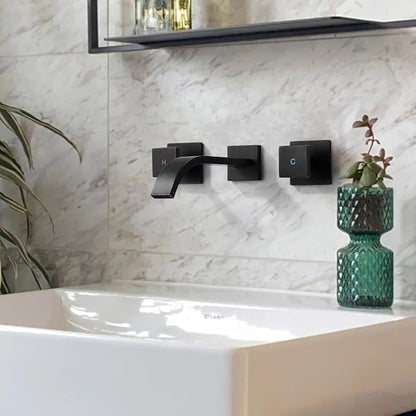 Wall-Mounted Bathroom Sink Faucet, Matte Black Bathroom Faucet | Waterfall Bathroom Faucet with Two Handles, Brass Bathroom Sink Faucet, Wall-Mounted Washroom Faucets and Rough-in Valve
