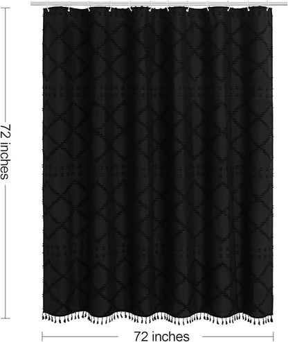 Black Boho Woven Fabric Shower Curtain with Tassel 72 x 72, Bohemia Tufted Chevron Striped Chic Textured, Modern Farmhouse Minimalist Waterproof Black Cloth Curtain for Bathroom, Hotel Decor