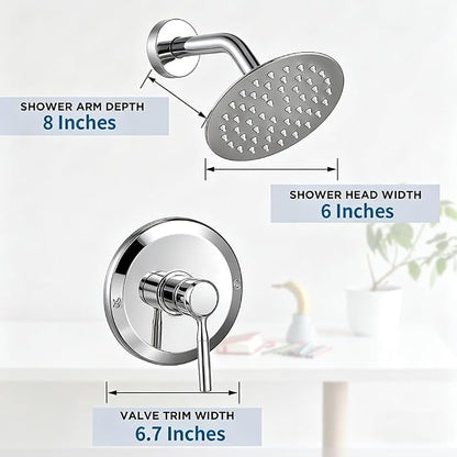 Chrome Shower Head and Faucet Set Complete with Valve Shower Fixtures with 6 Inch High Pressure Rain Shower Head Trim Kit for Standard Bathroom Upgrades - Regaderas Para Baño Modernas