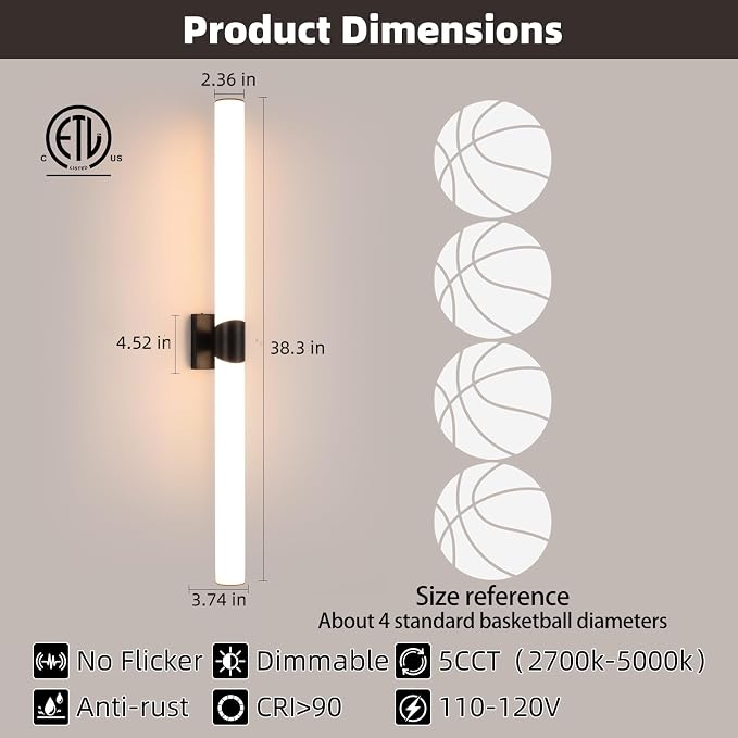 39" Black Bathroom Vanity Lights, Wall Sconce with Acrylic Shade | Modern Wall Light for Bathroom Bedroom Living Room Hallway
