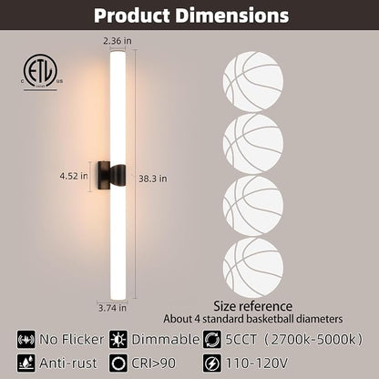 39" Black Bathroom Vanity Lights, Wall Sconce with Acrylic Shade | Modern Wall Light for Bathroom Bedroom Living Room Hallway