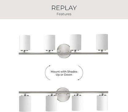 Progress Lighting 4-Light Etched White Glass Modern Bath Vanity Light, Replay Collection, Brushed Nickel (P2160-09)