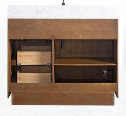 HOMEBEYOND 42" Bathroom Vanity with Single Sink & Ceramic Top, MDF Material Vanity Cabinet with Basin Combo, Soft-Closing Doors, Removable Shelf, Backsplash,Tan