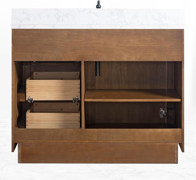 Vanity Art 42 inch Bathroom Vanity with Single Sink, Modern Wood Bath Vanity with Carrara Marble Top, Vanity Cabinet with Doors， Removable Shelf, Solid Wood Frame, Ceramic Sink, Tan, VA7042E