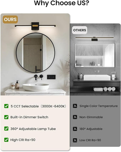 Epinl Modern Gold Bathroom Vanity Light, 24 inch 5CCT Dimmable Bathroom Lighting Fixture Over Mirror, 360° Rotatable Brush Gold LED Vanity Light Fixtures for Bathroom