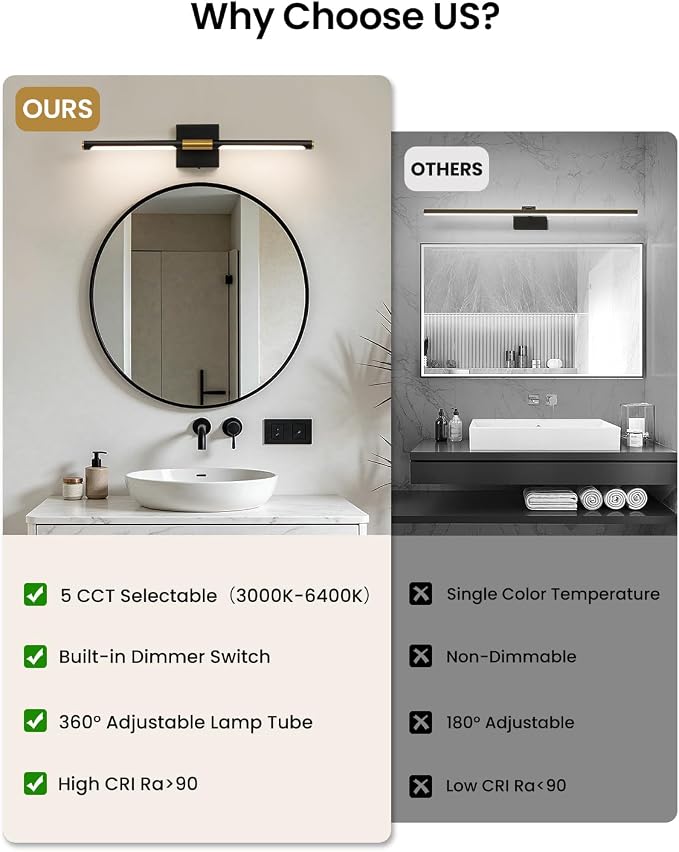 Epinl 32 Inch Black and Gold Bathroom Vanity Light, 360° Rotatable LED Vanity Light Bar, 5CCT Dimmable Bathroom Lighting Fixture Over Mirror, High CRI Modern Vanity Lights for Bathroom, Bedroom