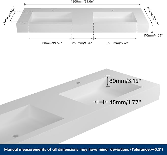 59" Wall Mount Sink Matte Bathroom Vanity Vessel Sinks Artificial Stone Rectanglee Indoor Outdoors Modern Floating or Countertop Freestanding Wall Hang Sink Bowl… (2 Faucet Holes 59'')