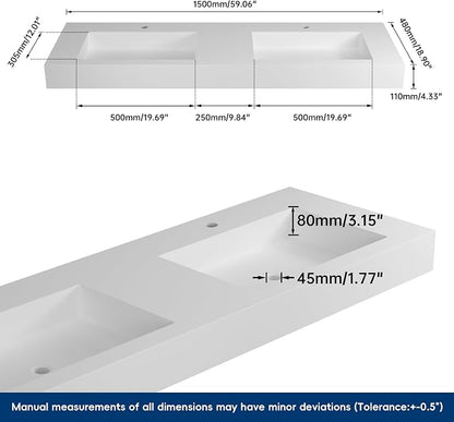 59" Wall Mount Sink Matte Bathroom Vanity Vessel Sinks Artificial Stone Rectanglee Indoor Outdoors Modern Floating or Countertop Freestanding Wall Hang Sink Bowl… (2 Faucet Holes 59'')