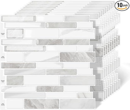 10-Sheet Peel and Stick Kitchen Backsplash Tiles | 3D Waterproof Self Adhesive Wall Tile Stick on Backsplash for Kitchen and Bathroom(Beige White,12"×12")
