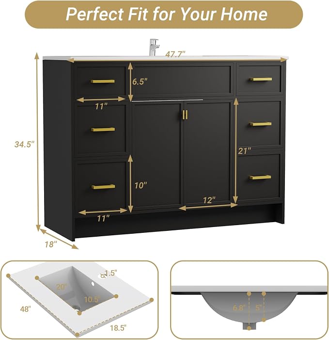48 Inch Freestanding Bathroom Vanity with Sink, Shaker Style Black Double Sink Cabinet with 6 Drawers & Double Doors, Waterproof Lacquer Finish, Large Storage for Master Bathroom & Family Home