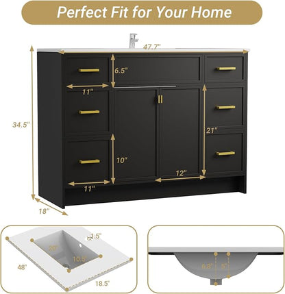 48 Inch Freestanding Bathroom Vanity with Sink, Shaker Style Black Double Sink Cabinet with 6 Drawers & Double Doors, Waterproof Lacquer Finish, Large Storage for Master Bathroom & Family Home
