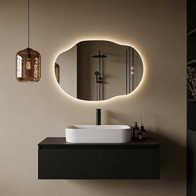 Asymmetrical Bathroom Mirror with Lights, Irregular LED Backlit Vanity Mirror, 31" H x 22" W, Anti-Fog, Dimmable Lighting with 3 Color Temp, Memory, Hardwired, Vertical or Horizontal Mount