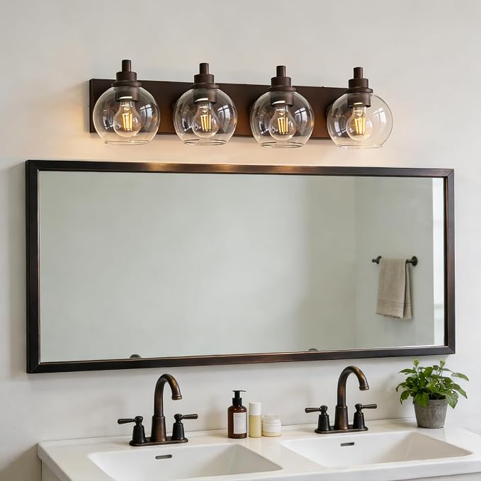 IZORRO Bathroom Light Fixtures, 4-Light Oil Rubbed Bronze Vanity Light, Modern Wall Sconces with Globe Clear Glass Shade, Vanity Lighting Fixtures Over Mirror,E26 Bulb Socket