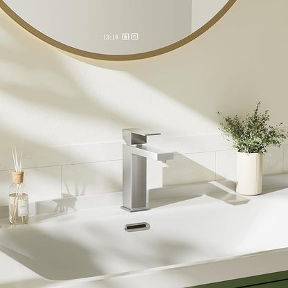 Phiestina Single Hole Brushed Nickel Square Single Handle Bathroom Vanity Faucet with Metal pop up Drain with Deck Plate, Overflow & Water Supply line, BF3530-BN