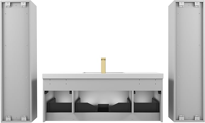 Blossom 48 Inch Bathroom Vanity with Sink and 2 Side Cabinets, All Wood Wall Mounted Floating Bathroom Vanity Cabinet with Acrylic Sink, Soft-Close Drawers, Bathroom Vanities, Light Grey