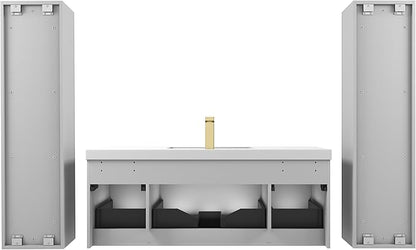 Blossom 48 Inch Bathroom Vanity with Sink and 2 Side Cabinets, All Wood Wall Mounted Floating Bathroom Vanity Cabinet with Acrylic Sink, Soft-Close Drawers, Bathroom Vanities, Light Grey