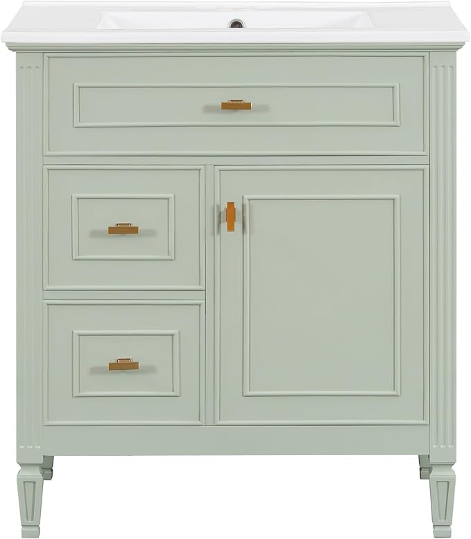 30" Bathroom Vanity with Ceramic Sink, Undermount Single Basin Bath Vanity Set w/1 Flip-Up & 2 Drawers,Modern Freestanding Storage Cabinet w/Adjustable Shelf,Solid Wood Frame,Green