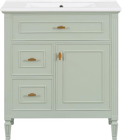 30" Bathroom Vanity with Ceramic Sink, Undermount Single Basin Bath Vanity Set w/1 Flip-Up & 2 Drawers,Modern Freestanding Storage Cabinet w/Adjustable Shelf,Solid Wood Frame,Green