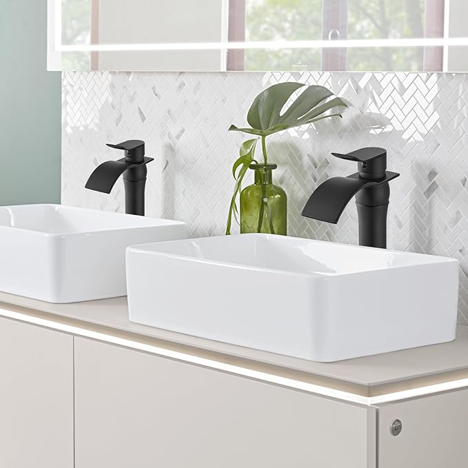 gotonovo Waterfall Vessel Sink Faucet for Sink 1 Hole,Single Handle Tall Bathroom Sink Faucet,Brass Waterfall Bathroom Faucet Arc Body Mixer Tap with Pop Up Drain and Supply Line,Matte Black