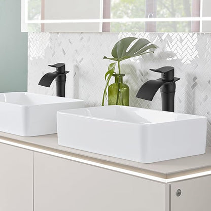 gotonovo Waterfall Vessel Sink Faucet for Sink 1 Hole,Single Handle Tall Bathroom Sink Faucet,Brass Waterfall Bathroom Faucet Arc Body Mixer Tap with Pop Up Drain and Supply Line,Matte Black