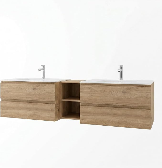 72"Modern Floating Double Sink Bathroom Vanity, Wall Mounted Bathroom Cabinet with U-Shaped Drawers, Beveled Invisible Handles Open Side Shelf, FSC Certified Wood Veneer (Wood color, 72 lnch)