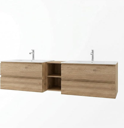 72"Modern Floating Double Sink Bathroom Vanity, Wall Mounted Bathroom Cabinet with U-Shaped Drawers, Beveled Invisible Handles Open Side Shelf, FSC Certified Wood Veneer (Wood color, 72 lnch)