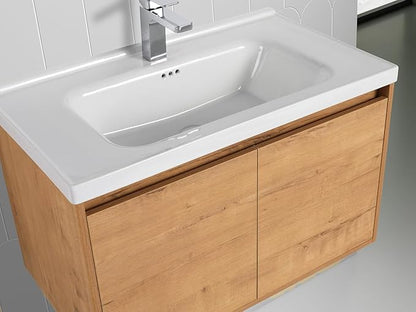 Blossom 32 Inch Bathroom Vanity with Sink, All Wood Wall Mounted Floating Bathroom Vanity with Ceramic Sink, Modern Soft-Close Doors & Storage, Bathroom Sink Cabinet, Classic Oak, 32'' Ceramic Sink
