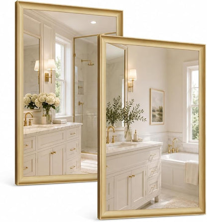 2 Pack Brushed Gold Bathroom Mirrors for Over Sink, 24x36 Inch | Champagne Gold Rectangle Vanity Mirror for Bedroom, Entryway, Living Room Decor, Aluminum Framed, Curved Wide Edge