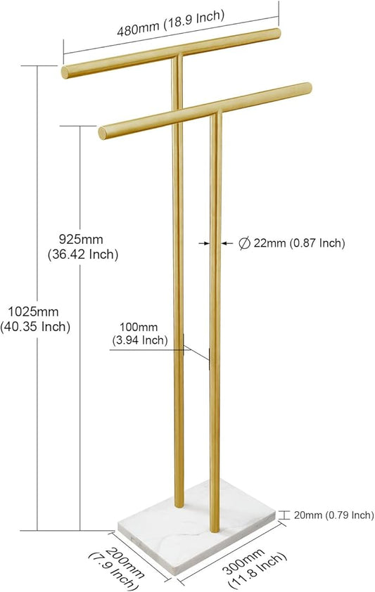 40 Inch Standing Towel Rack for Bathroom Floor Double-T Shape Bath Sheet Holder with Marble Design Base Towel Rack Freestanding Next to Tub or Shower Towel Holder Stand SUS304 Brushed Gold