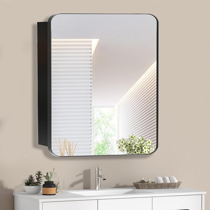 Medicine Cabinet with 24x24 inch Square Mirror, Stainless Steel Black Frame, Bathroom Wall Cabinet with Removable Glass Shelves, Recessed & Surface, Waterproof Bathroom Storage Cabinet