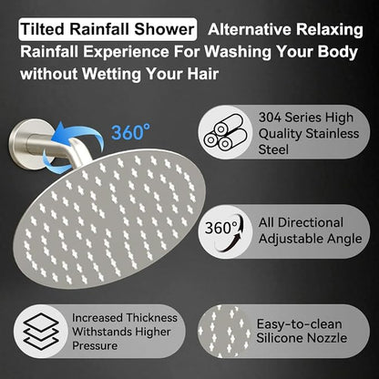 Shower Systems, Bostingner 12+6" Round Dual Rainfall Shower head with 2 in 1 Handheld Spray, Can Use All at Once, Wall Mount Push Button Shower Faucet Set with Valve and Trim Kit,Brushed Nickel