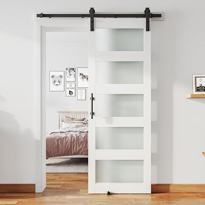 30'' x 84'' Glass Barn Door and 5Ft Hardware Kit Included, White | MDF White Barn Door Slab with Frosted Glass, PVC Surface, Combined with Handle and Floor Guide-Assembly Required