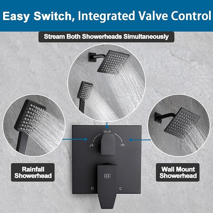 Matte Black Shower Faucet Set Rainfall 6 Inch Shower Head and Handle Set Bathroom Rain Shower System Wall Mounted Shower Fixture Include Shower Valve and Trim Kit