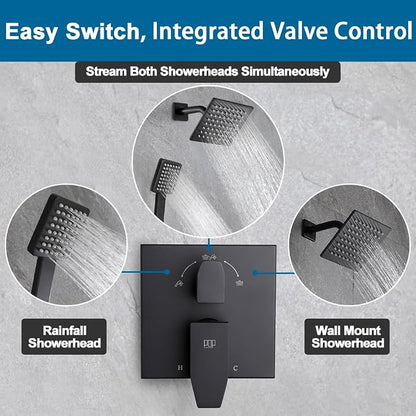 Matte Black Shower Faucet Set Rainfall 6 Inch Shower Head and Handle Set Bathroom Rain Shower System Wall Mounted Shower Fixture Include Shower Valve and Trim Kit