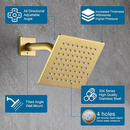 9246-88G POP SANITARYWARE Shower Faucet Set Brushed Gold 6 Inch Thickened Shower Head and Handle Set Shower System Wall Mounted Shower Fixture Include Shower Valve and Trim Kit