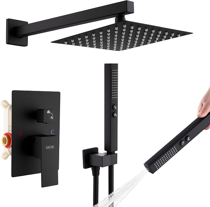 Rain Shower System, 8''Square Rain Head,2-Spray Handheld, Matte Black | 2 Spray Functions,Anti-Tangle Explosion-proof PVD Hose,Balance Temp Valve,Rust-proof & Scratch-resistant