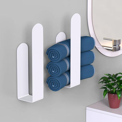 HUFEEOH 2 Pack Adhesive Hand Towel Holder, Kitchen Towel Rack Towel Bars Wall Mounted, Stainless Steel Bath Towel Hanger for Bathroom Hotel Kitchen (White, 8 Inch(2PC))