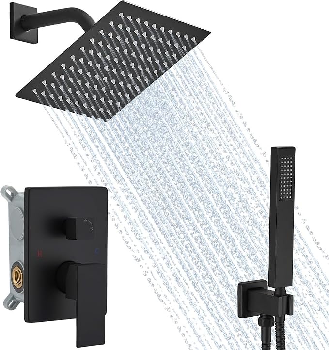 Matte Black Shower System, 8 Inch High Pressure Rain Shower with Handheld, Wall Mount Shower Faucet Set for Bathroom, Rough-in Valve Body and Trim Included