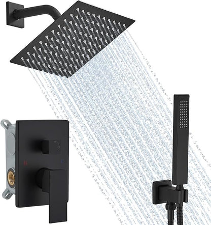 Matte Black Shower System, 8 Inch High Pressure Rain Shower with Handheld, Wall Mount Shower Faucet Set for Bathroom, Rough-in Valve Body and Trim Included