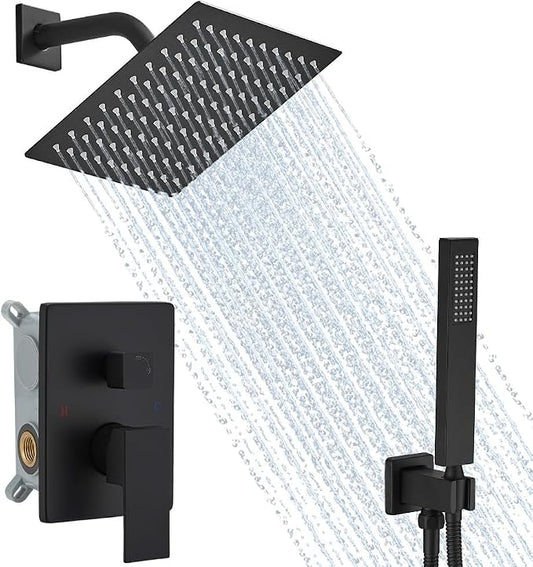 Matte Black Shower System, 8 Inch High Pressure Rain Shower with Handheld, Wall Mount Shower Faucet Set for Bathroom, Rough-in Valve Body and Trim Included