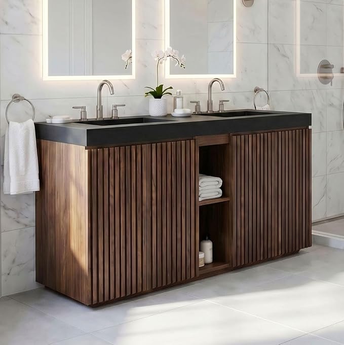 60" Double Bathroom Vanity with Sink (8" Widespread Faucet Holes Predrilled), Mid Century Modern Bathroom Cabinet with 4 Doors & Shelves, Matte Black Sink with Overflow, Walnut