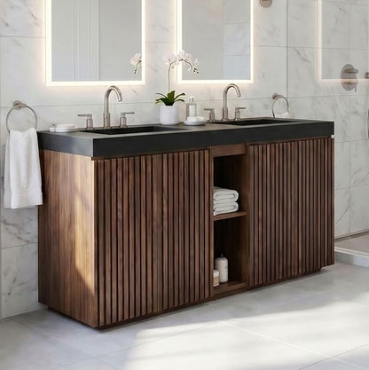 60" Double Bathroom Vanity with Sink (8" Widespread Faucet Holes Predrilled), Mid Century Modern Bathroom Cabinet with 4 Doors & Shelves, Matte Black Sink with Overflow, Walnut