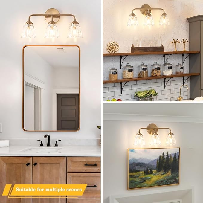 3-Light Bathroom Vanity Light Gold, Vintage Vanity Light Fixtures Over Mirror, Brass Bathroom Light with Flower Glass Shade, Art Deco Wall Sconce Lighting for Bedroom, Living Room