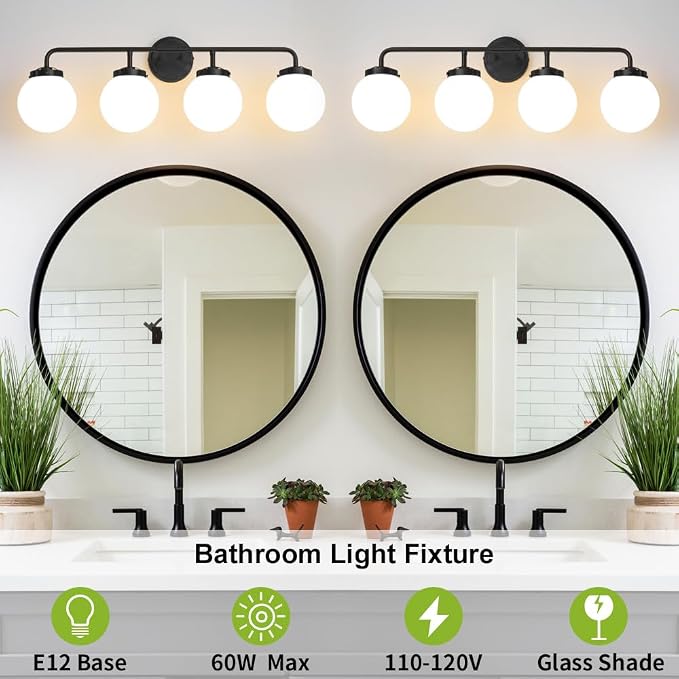 Bathroom Light Fixtures 30.7in 4-Light Matte Black Vanity Lights for Mirror | Dimmable Bathroom Lighting Fixtures over Mirror, ETL, E12 Base Max 60W, Modern Wall Sconce, Milky White Glass Ball Shades