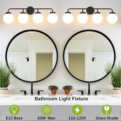Bathroom Light Fixtures 30.7in 4-Light Matte Black Vanity Lights for Mirror | Dimmable Bathroom Lighting Fixtures over Mirror, ETL, E12 Base Max 60W, Modern Wall Sconce, Milky White Glass Ball Shades