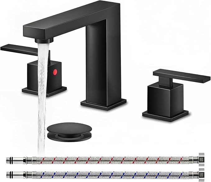 Matte Black Bathroom Faucet 3 Hole, Two Handle 8 Inch Widespread | Comes with Supply Lines & Pop-Up Drain, Easy Deck Mount, Square Shape, Fits Bathroom Vanity Sink, Powder Room & RV Sink