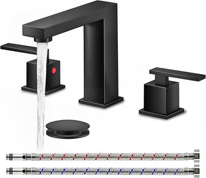 Matte Black Bathroom Faucet 3 Hole, Two Handle 8 Inch Widespread | Comes with Supply Lines & Pop-Up Drain, Easy Deck Mount, Square Shape, Fits Bathroom Vanity Sink, Powder Room & RV Sink